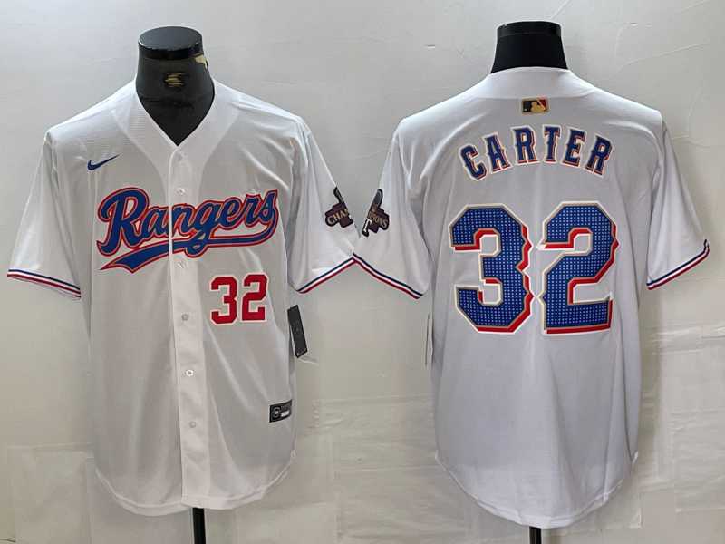 Mens Texas Rangers #32 Evan Carter Number White 2023 World Series Champions Cool Base Jersey->texas rangers->MLB Jersey